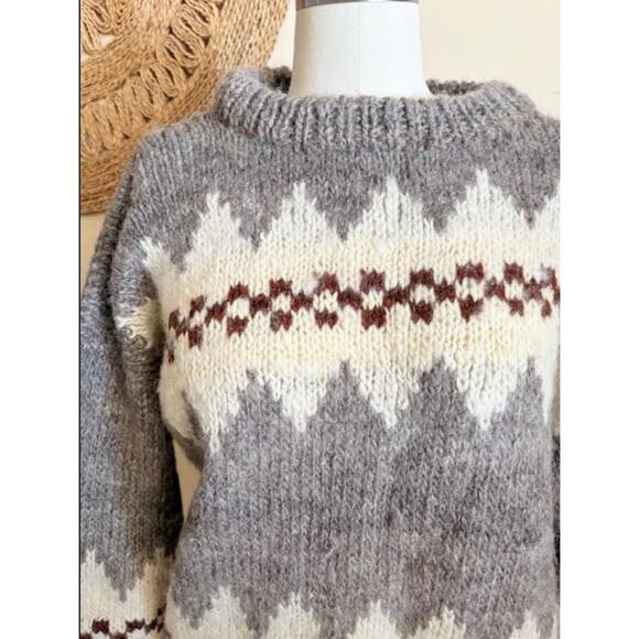 Vintage Wool Nordic Knit Sweater Gray White Brown Unisex L/XL Handmade Cozy - Picture 2 of 4
